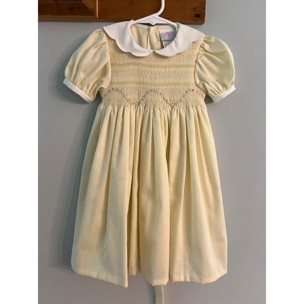 90s Vintage 18M Petit Ami Smocked Baby Girl Dress Bloomers Yellow Floral